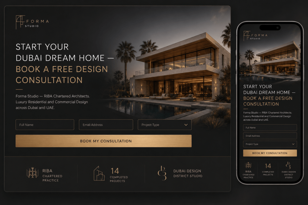 Forma Studio free design consultation landing page on desktop and iPhone with dark luxury design villa photography three field form and gold CTA button showing RIBA and project credentials