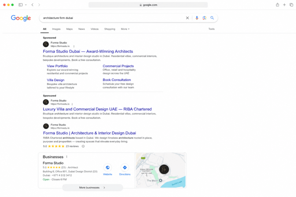Google search results page showing Forma Studio paid ads targeting architect Dubai luxury with sitelinks and organic position 1 result with five star rating and local pack appearance
