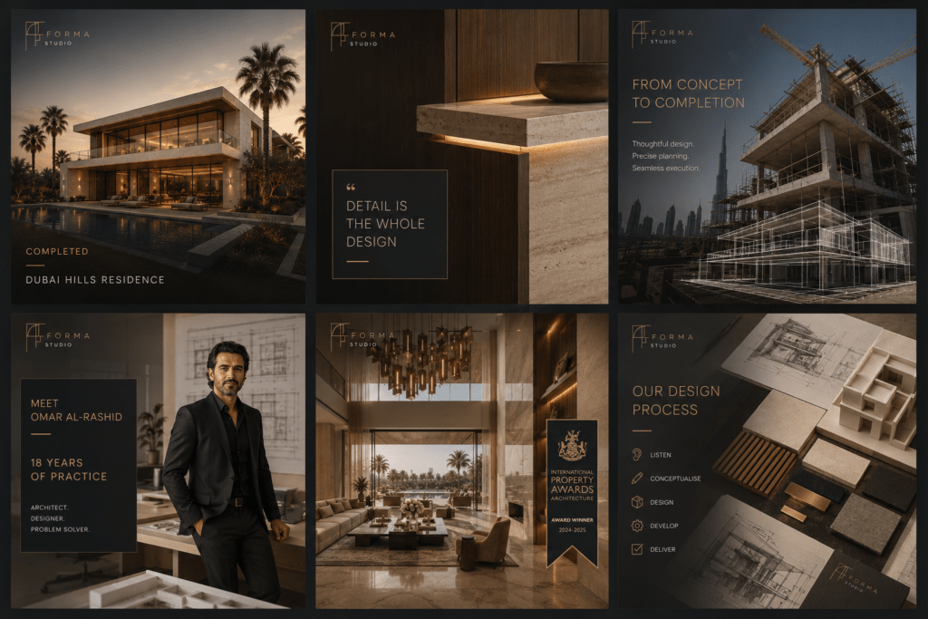 Forma Studio Instagram six-post content grid showing villa exterior interior detail construction progress principal portrait award badge and design process flat lay in charcoal sand and gold
