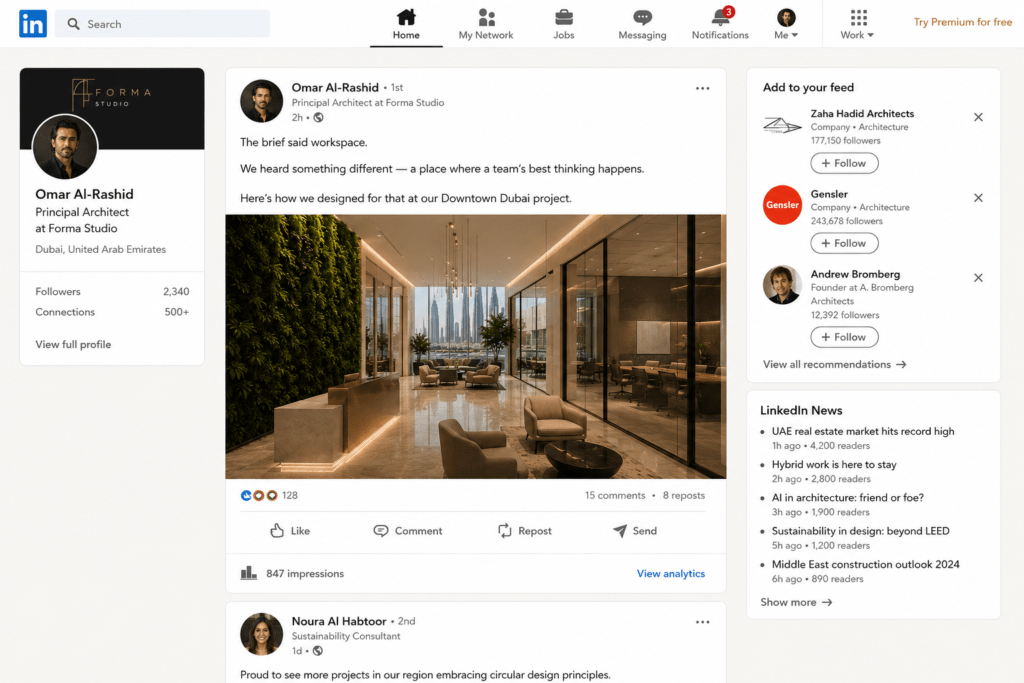 LinkedIn desktop feed showing Omar Al-Rashid principal architect Forma Studio post with commercial interior project photography and design philosophy commentary about Downtown Dubai project
