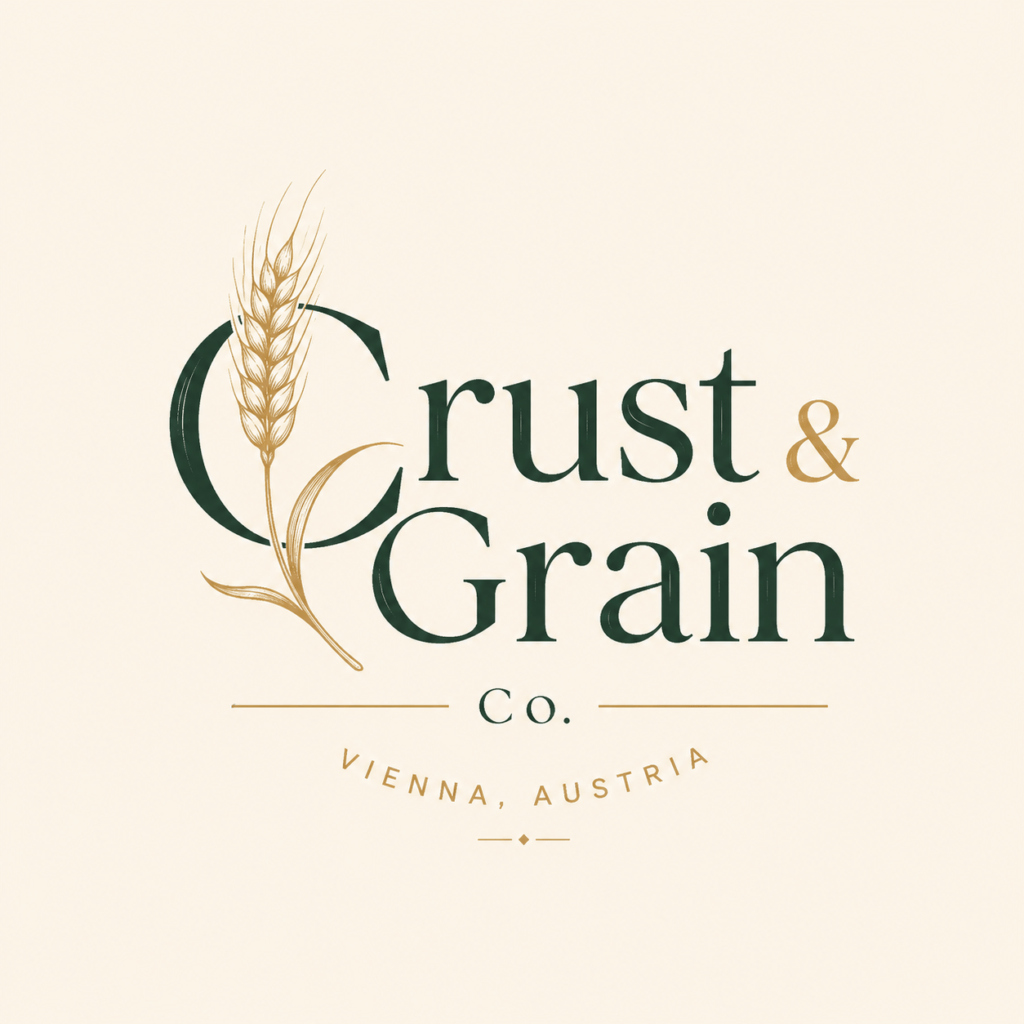 Crust & Grain Co warm wheat gold and forest green wordmark logo with hand-drawn wheat ear illustration for Vienna Austria artisan bread manufacturer
