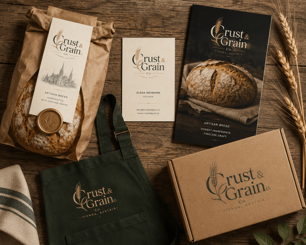 Crust & Grain Co brand identity suite flat lay on oak showing bread bag business card trade brochure branded apron and delivery box in wheat gold forest green and cream