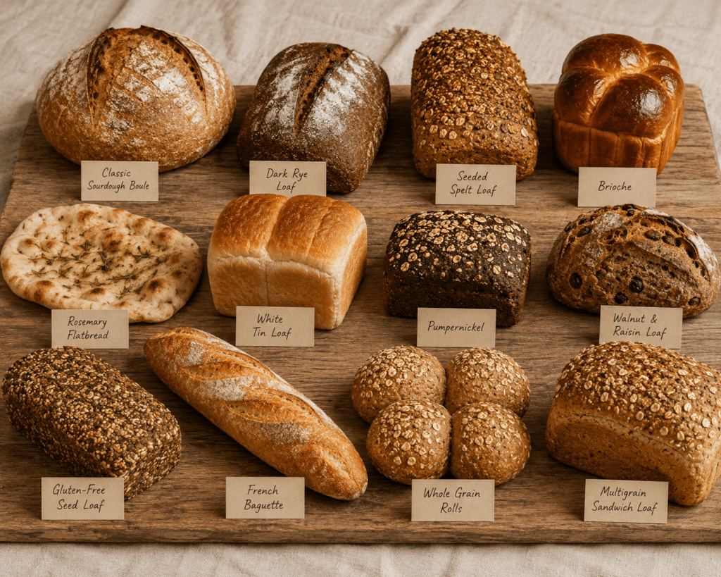 All twelve Crust & Grain Co artisan bread varieties displayed on a rustic wooden board including sourdough rye spelt brioche flatbread and gluten-free varieties with handwritten labels