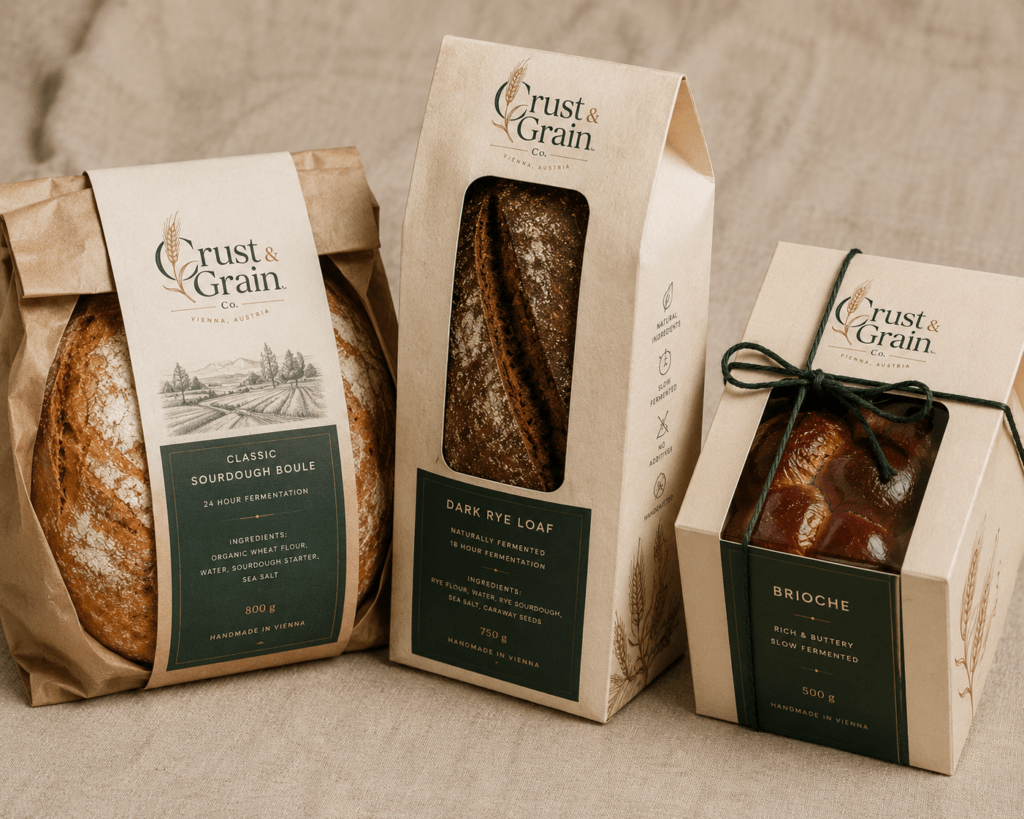 Three Crust & Grain Co bread packaging designs on linen showing kraft bag sourdough paper sleeve rye and cream box brioche with forest green wheat gold illustrated labels

