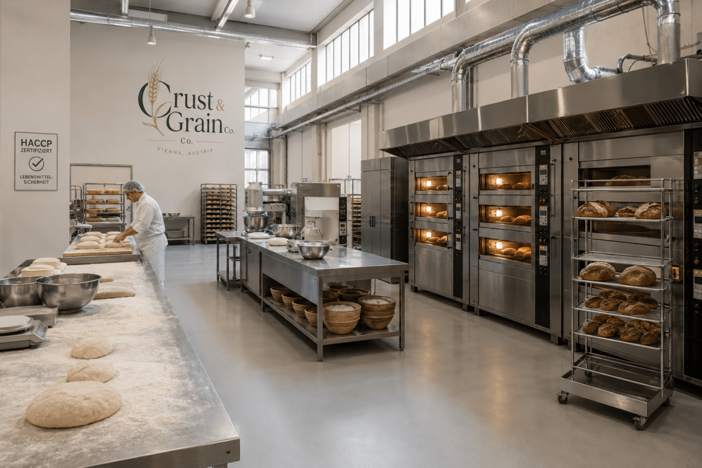 Crust & Grain Co modern bread production facility interior in Vienna with industrial deck ovens stainless steel benches baker in white coat and natural light from clerestory windows