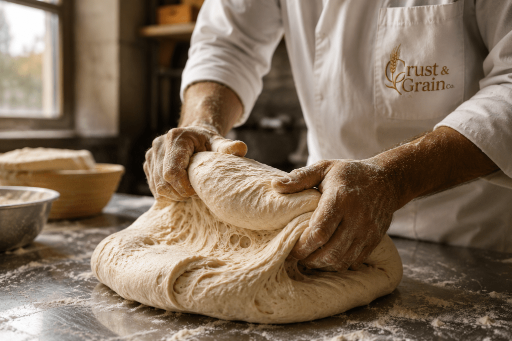Crust & Grain Co baker in white embroidered coat folding sourdough dough with flour-dusted hands at stainless steel bench in Vienna production facility with natural light
