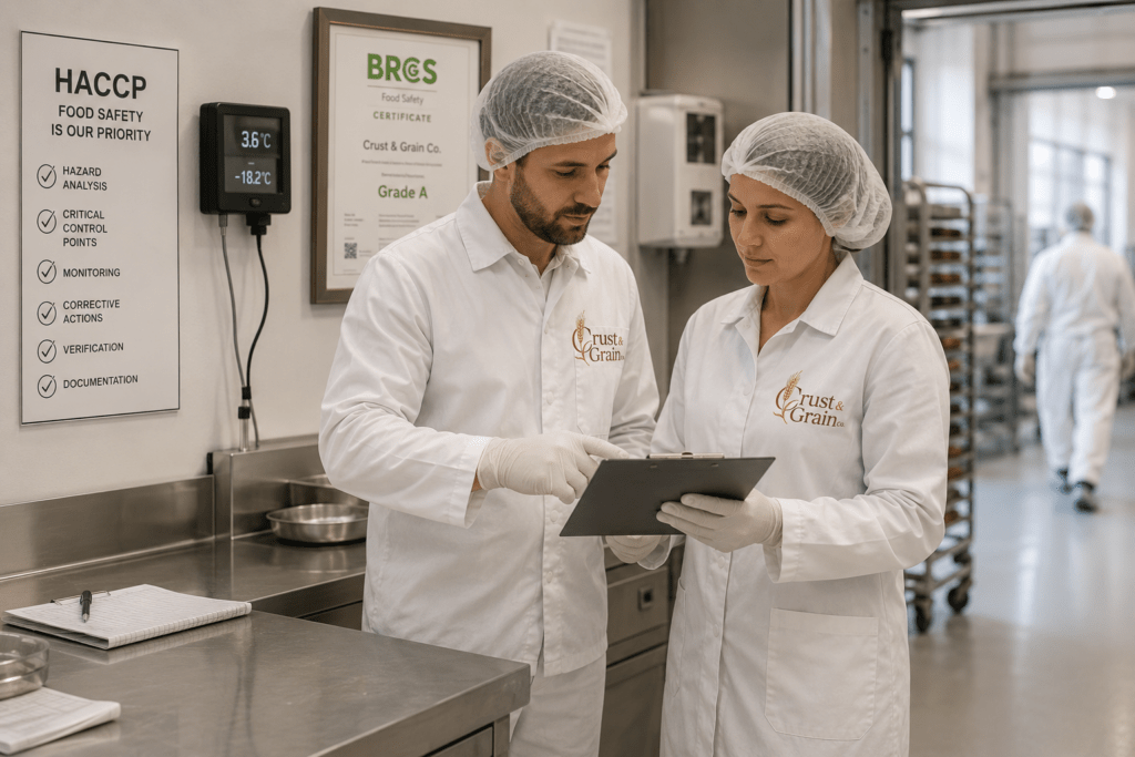 Two Crust & Grain Co production staff in full BRC hygiene kit reviewing HACCP documentation at quality control station with Grade A certificate visible in Vienna facility