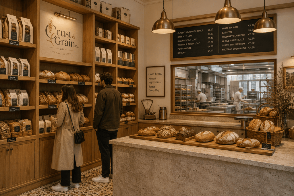 Crust & Grain Co Vienna flagship bakery retail shop interior with oak shelving full bread range stone counter open production pass-through window brass pendant lighting and terrazzo floor