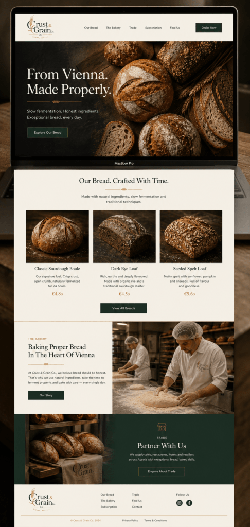Crust & Grain Co website homepage on MacBook with warm charcoal hero bread photography serif headline product row bakery story section and trade enquiry CTA in cream and forest green