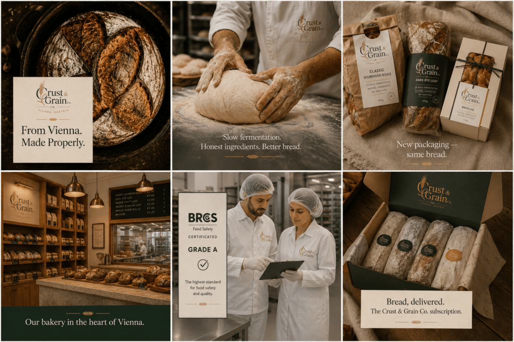 Crust & Grain Co Instagram six-post grid showing sourdough hero shot baker hands packaging shop interior hygiene credential and subscription box in cream forest green and wheat gold