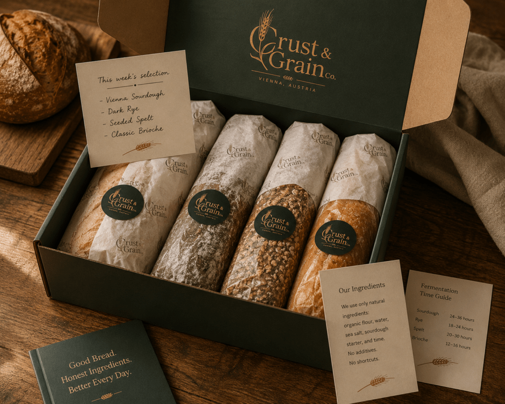 Crust & Grain Co weekly bread subscription box open on wood surface showing forest green outer box four wrapped bread varieties branded tissue and selection card