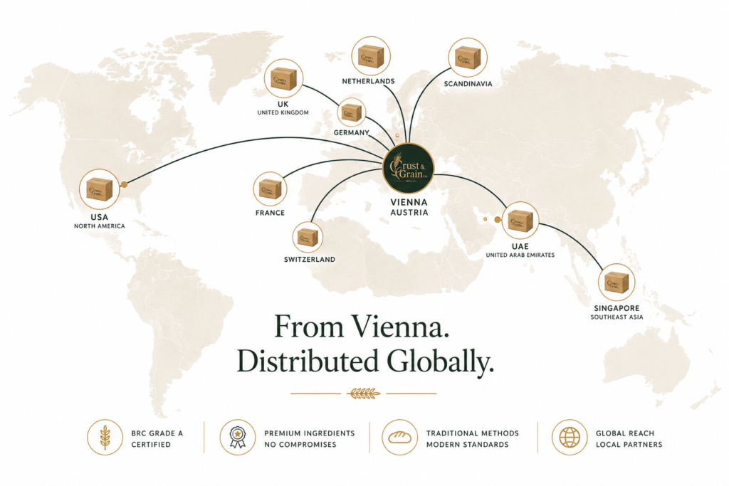 Crust & Grain Co global distribution map showing Vienna Austria origin connected to trade route lines reaching distribution hubs across Europe UAE Singapore and USA