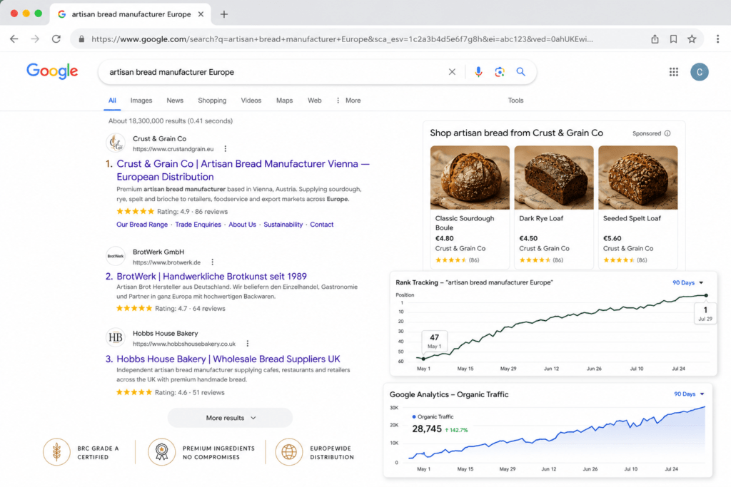 Google search results showing Crust & Grain Co position 1 for artisan bread manufacturer Europe with star rating rich snippet Google Shopping panel and rank tracking chart showing 90 day improvement
