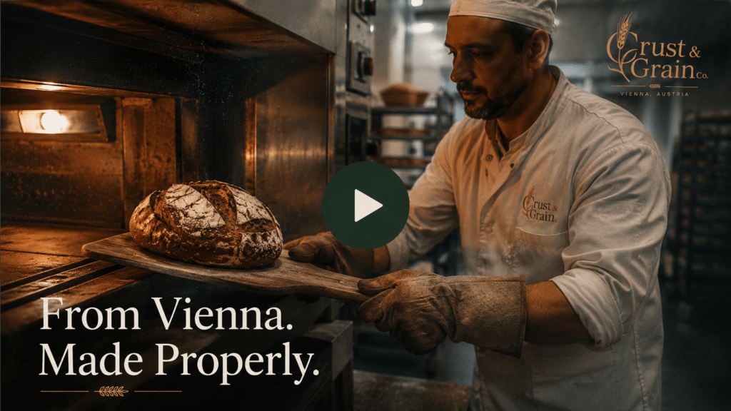 Crust & Grain Co brand film thumbnail showing baker pulling sourdough from deck oven in Vienna production facility with dramatic oven light and From Vienna Made Properly title card