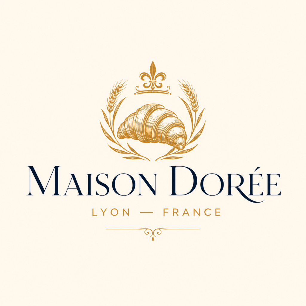 Maison Dorée warm burnished gold and midnight navy high-contrast didone serif logo with illustrated crown mark for premium French viennoiserie brand Lyon France