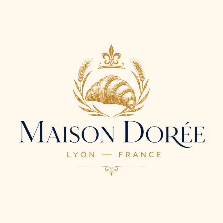 Maison Dorée warm burnished gold and midnight navy high-contrast didone serif logo with illustrated crown mark for premium French viennoiserie brand Lyon France