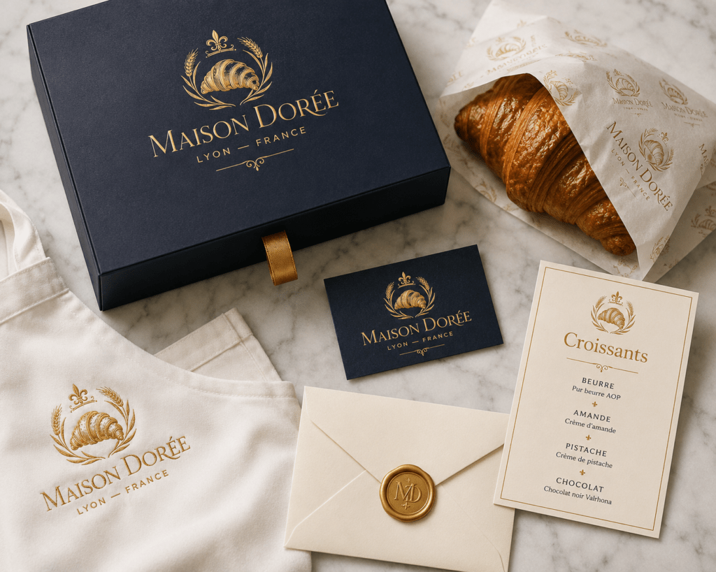 Maison Dorée brand identity suite flat lay on Carrara marble showing navy gold pastry box wrapped croissant business card branded apron wax seal envelope and product card
