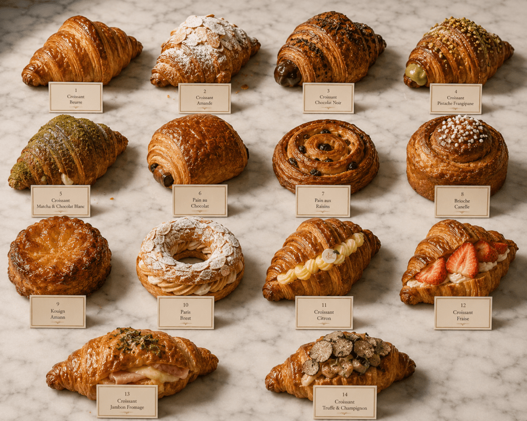 All fourteen Maison Dorée croissant varieties and companion viennoiserie displayed on white Carrara marble including classic beurre almond pistachio matcha chocolate pain au chocolat and seasonal varieties with gold label cards
