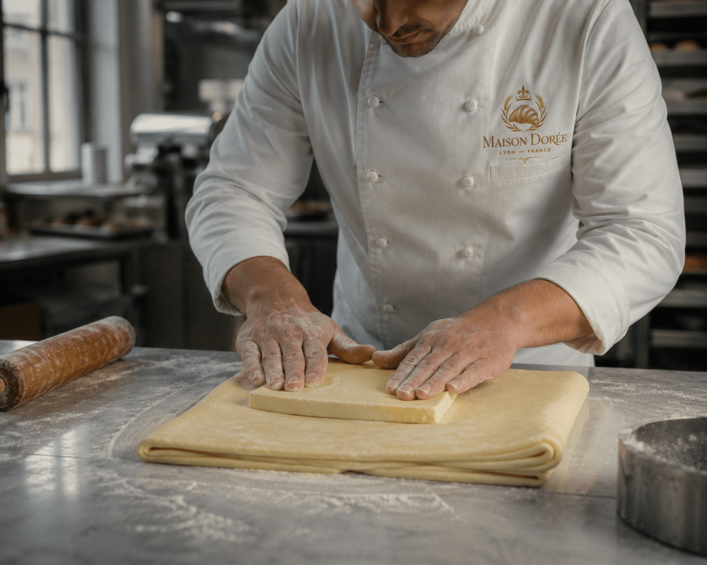 Maison Dorée pastry chef in white embroidered coat pressing AOP butter block into croissant dough on cold marble bench in Lyon production facility with natural cool light
