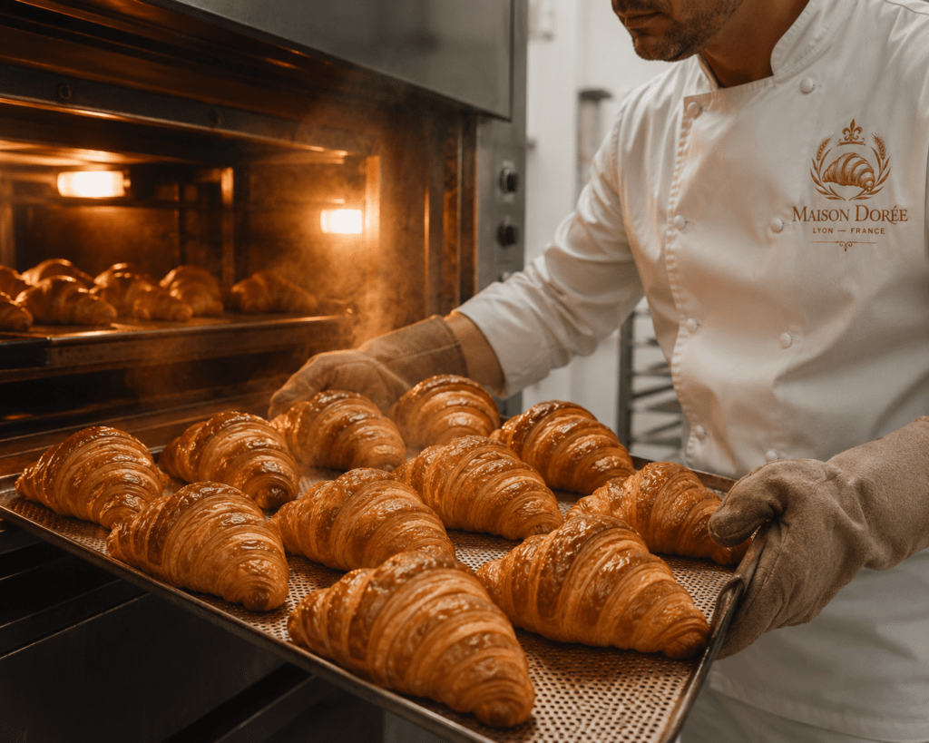 Maison Dorée baker pulling tray of freshly baked golden croissants from glowing deck oven in Lyon production facility with steam rising and warm orange oven light