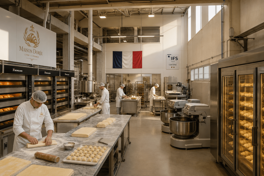 Maison Dorée 2800sqm viennoiserie production facility interior in Lyon with deck ovens marble lamination benches cold proofing chamber stainless steel mixers and bakers in white coats
