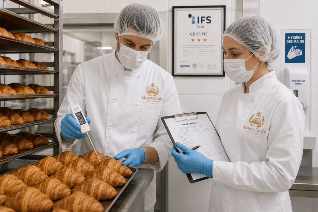 Two Maison Dorée production staff in IFS-compliant white coats hairnets and gloves conducting temperature quality control check on croissants with HACCP documentation and IFS certificate visible