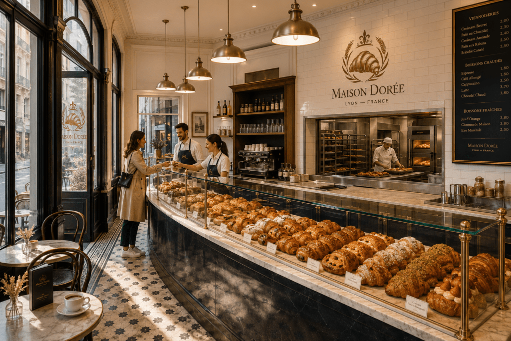 Maison Dorée flagship café interior in Lyon with marble counter full croissant display vitrine brass fittings terrazzo floor metro tiles open production pass and morning light