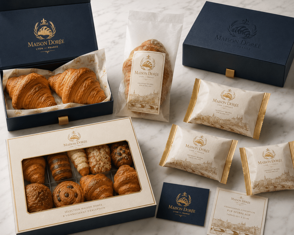 Maison Dorée full packaging range on white marble showing navy gold pastry box glassine bag subscription box airline catering sachet and eight variety gift set in gold and navy

