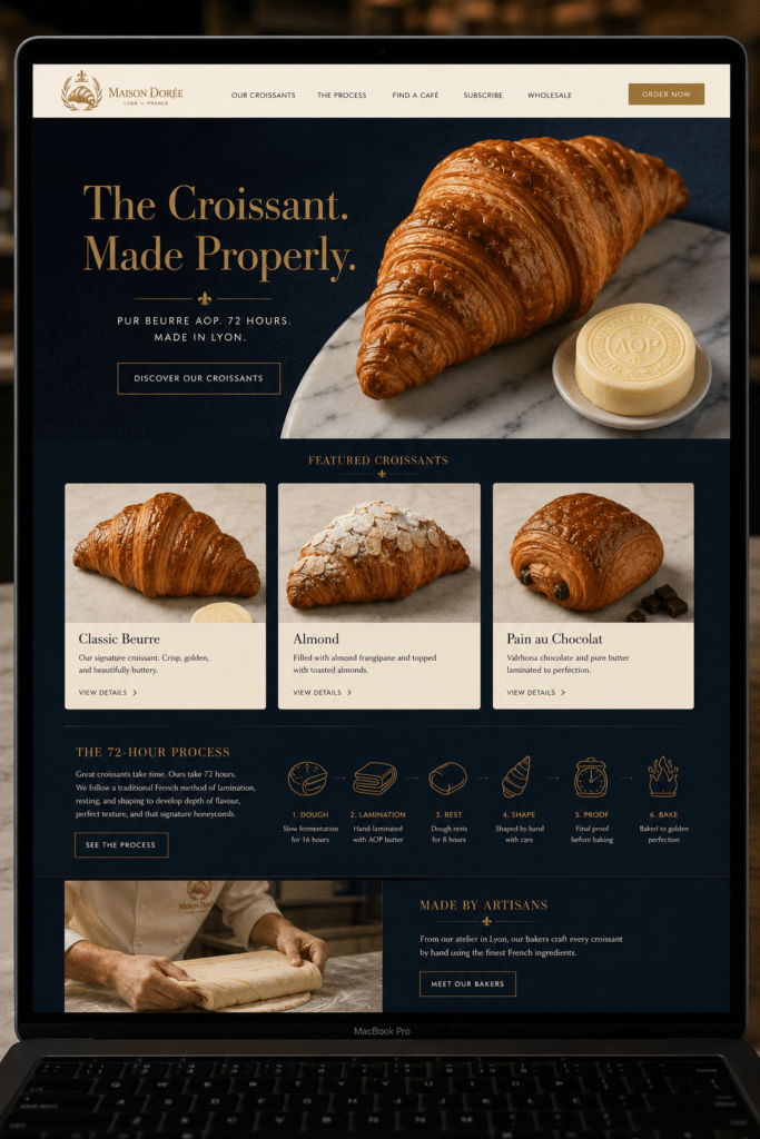 Maison Dorée website homepage on MacBook with midnight navy hero section overhead croissant photography gold didone serif headline three product cards and lamination process section