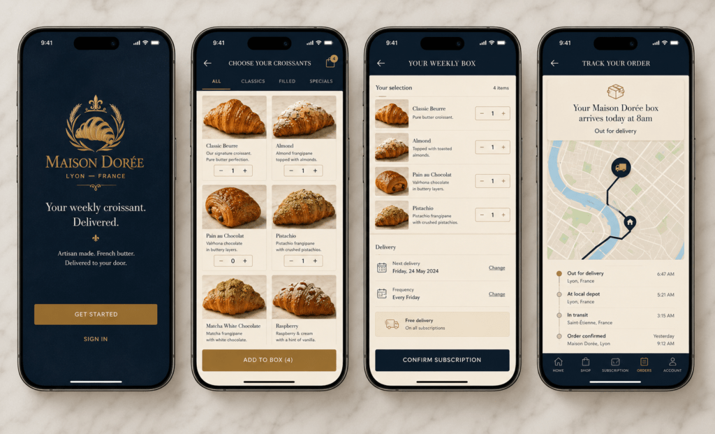 Maison Dorée mobile app design on iPhone showing four screens including onboarding product selection subscription management and order tracking in midnight navy and gold