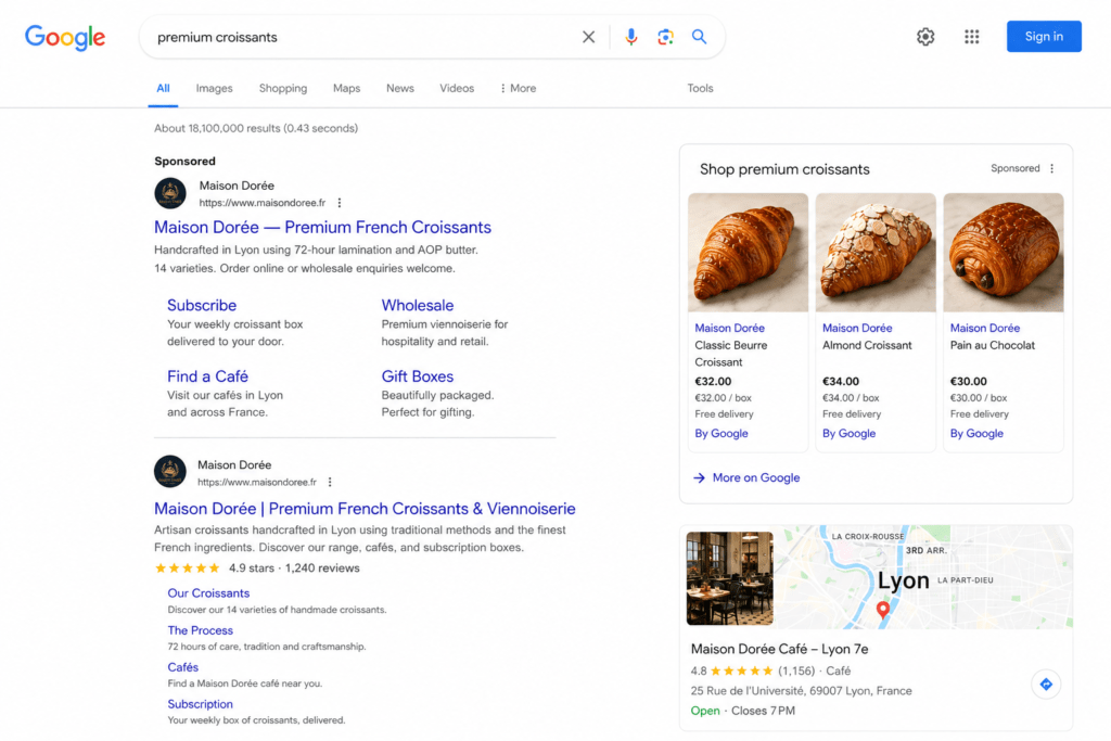 Google search results showing Maison Dorée paid ads targeting premium croissants Europe with subscription wholesale and café sitelinks and organic position 1 with five star rating and Shopping panel
