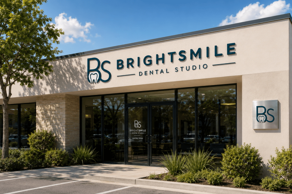 BrightSmile Dental Studio exterior building with teal channel letter signage above glass entrance doors in Austin Texas