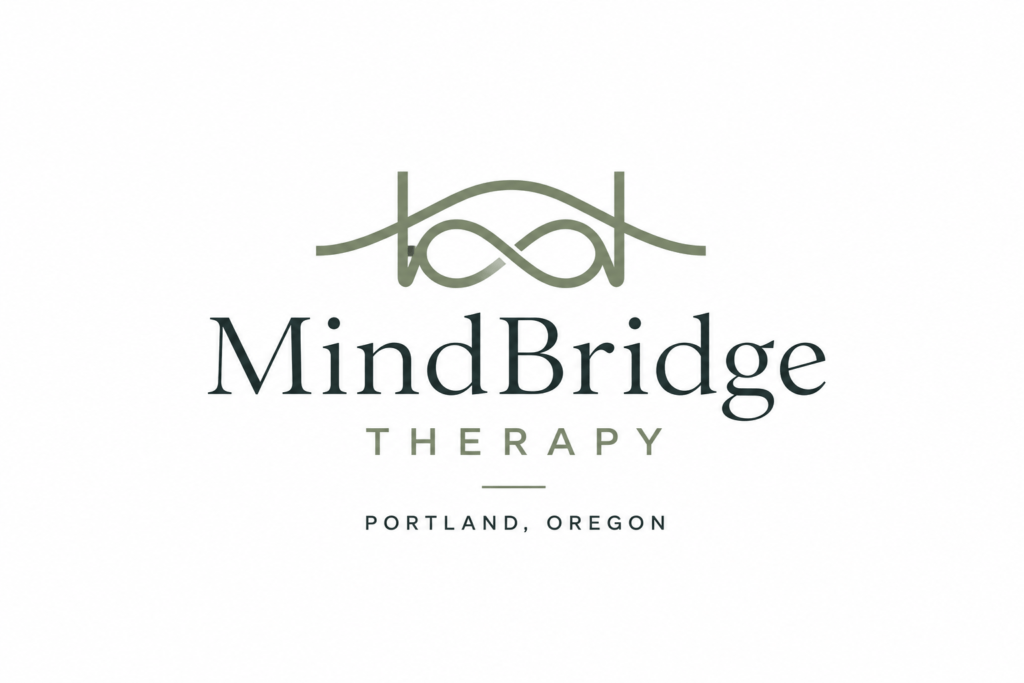 MindBridge Therapy warm sage green and charcoal wordmark logo with abstract bridge symbol for Portland Oregon private psychiatry practice