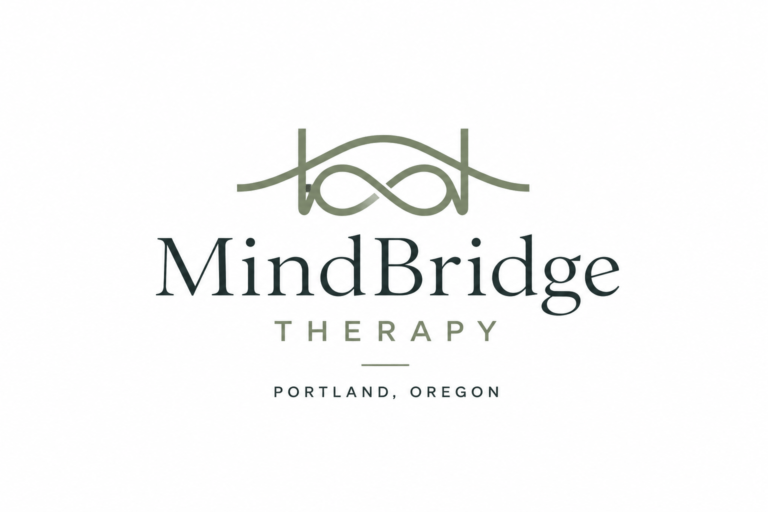 MindBridge Therapy warm sage green and charcoal wordmark logo with abstract bridge symbol for Portland Oregon private psychiatry practice