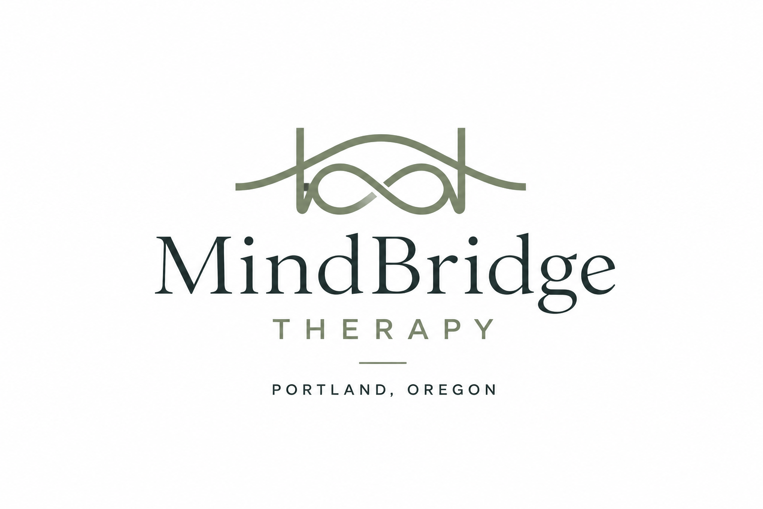 MindBridge Therapy warm sage green and charcoal wordmark logo with abstract bridge symbol for Portland Oregon private psychiatry practice