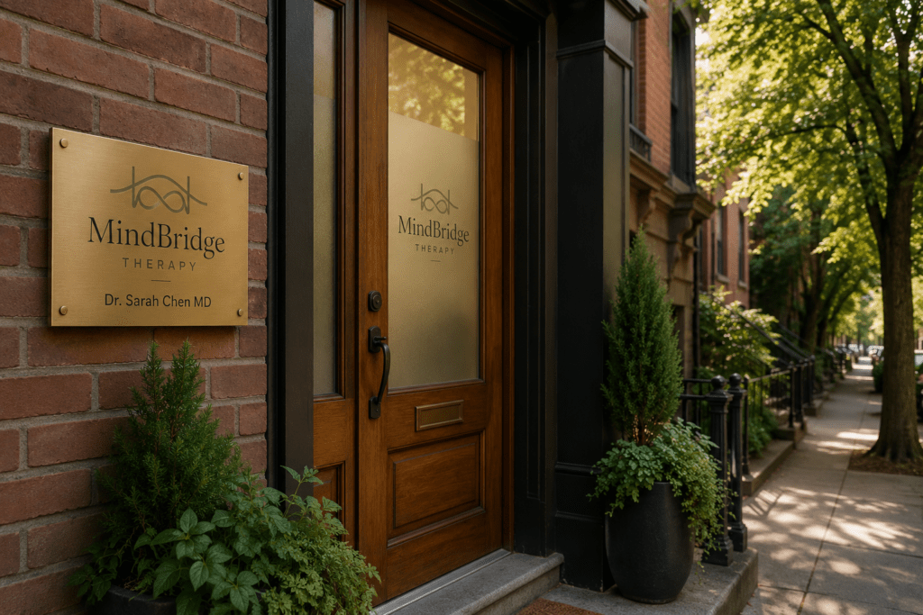 MindBridge Therapy private practice exterior on tree-lined Portland Oregon street with discreet brass nameplate and welcoming timber entrance
