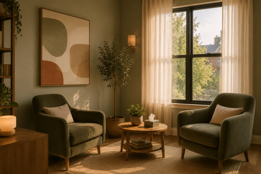 Calm private therapy room at MindBridge Portland with sage green armchairs, warm natural light, wooden side table and abstract wall art

