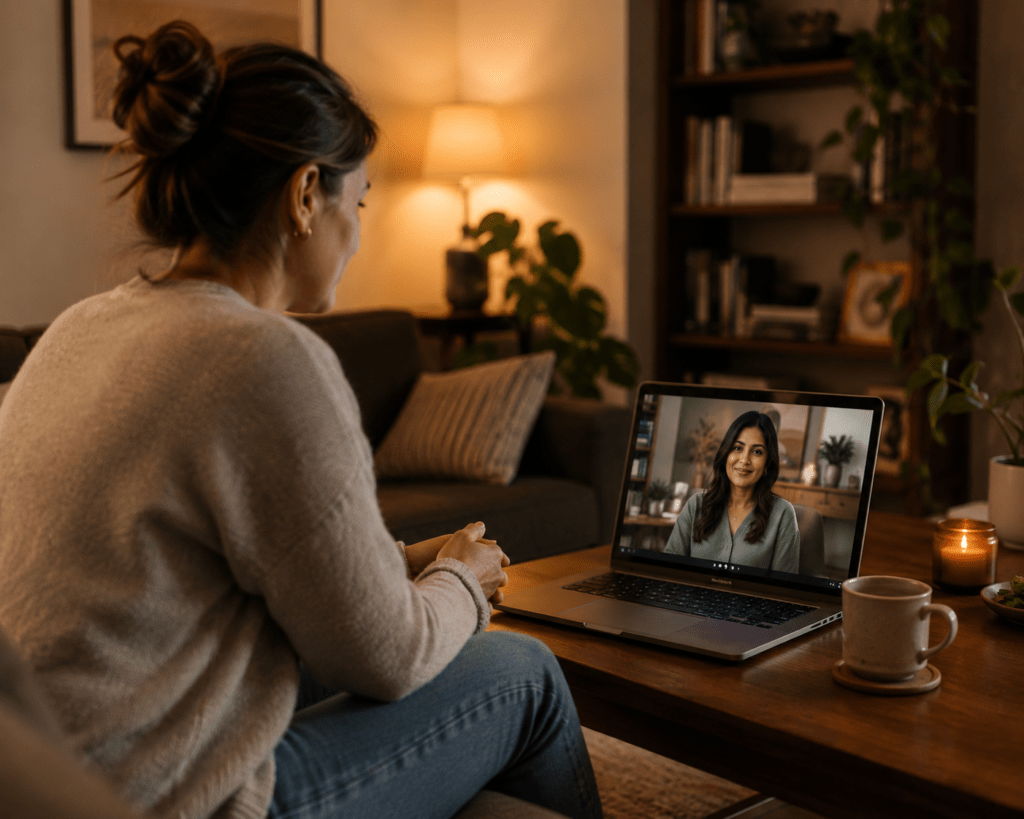 Patient in comfortable home setting having a telehealth video consultation with their psychiatrist on a laptop as part of MindBridge Therapy Oregon
