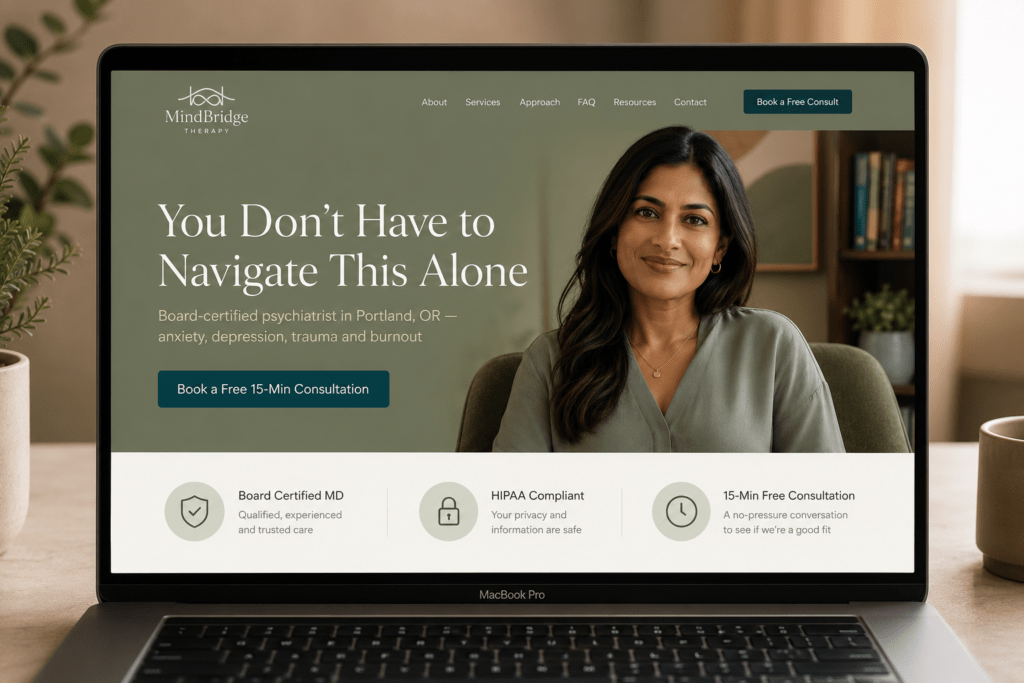 MindBridge Therapy website homepage on MacBook with sage green hero section, psychiatrist headshot, empathetic headline and free consultation CTA button