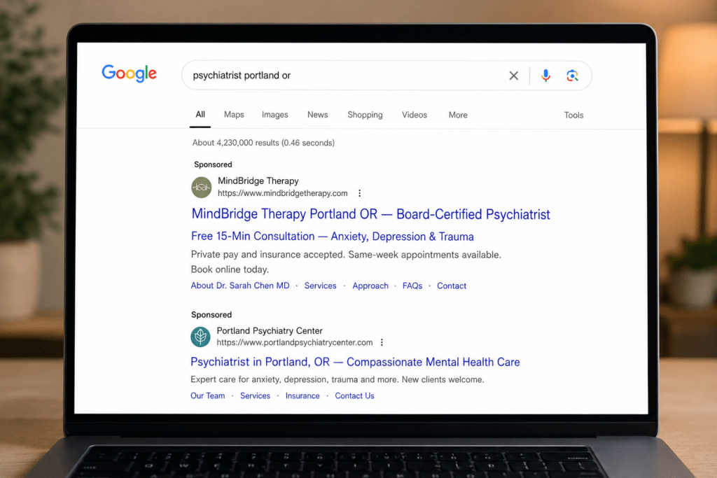 Google search results page showing MindBridge Therapy paid search ads targeting psychiatrist Portland OR with free consultation and same-week availability offers