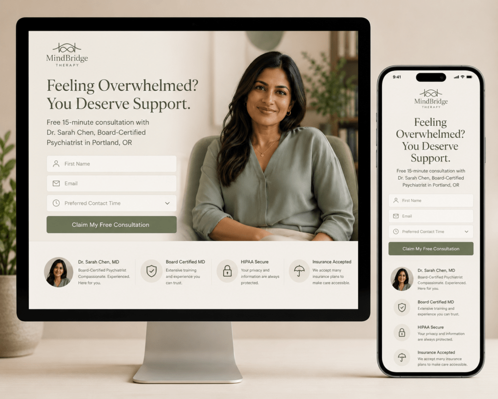 MindBridge Therapy free consultation landing page on desktop and iPhone with empathetic headline, simple three-field form and trust signals including board certification and HIPAA compliance