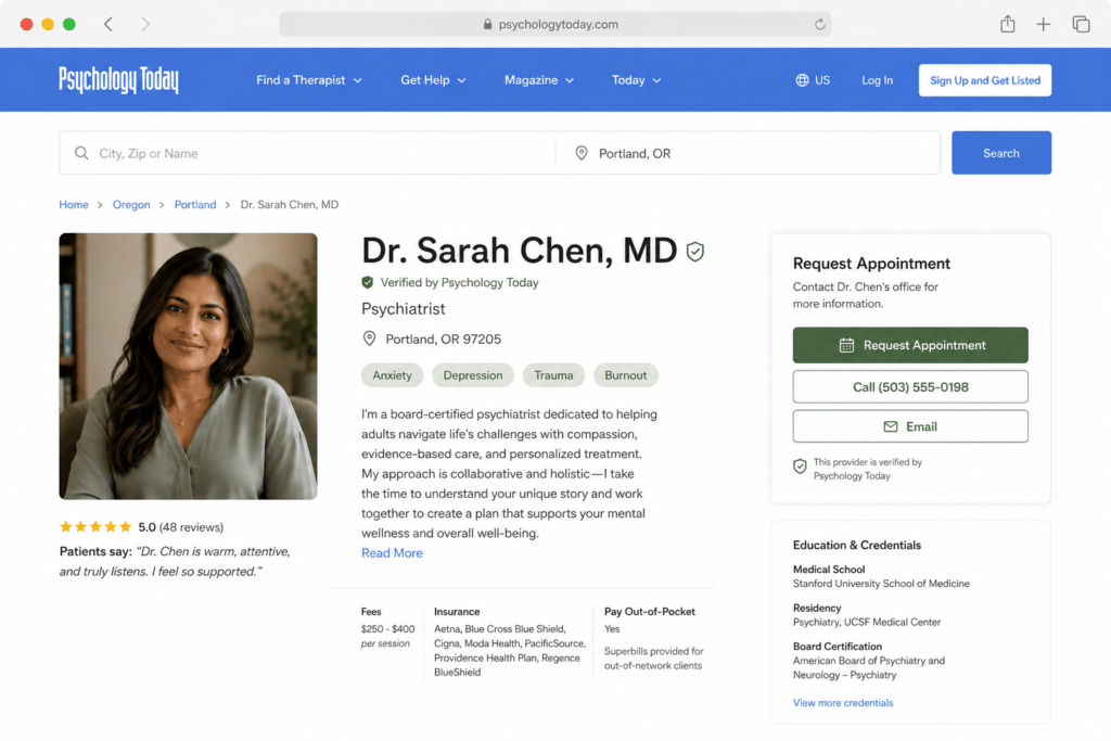 Psychology Today therapist directory profile mockup for Dr Sarah Chen MindBridge Therapy Portland Oregon showing headshot bio specialties and appointment request button