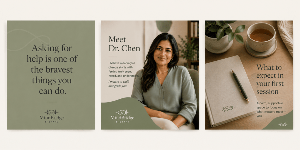  MindBridge Therapy Instagram content grid showing mental health quote post, Dr Chen introduction post and therapy expectation post in consistent sage green and ivory brand palette