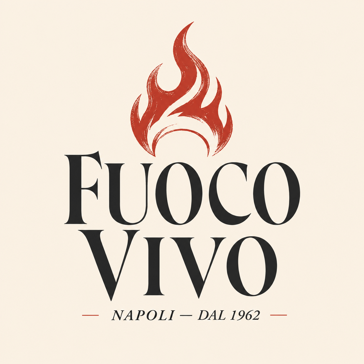 Fuoco Vivo volcanic charcoal and tomato red high-contrast display serif logo with hand-drawn flame mark for authentic Neapolitan pizza restaurant Naples Italy established 1962