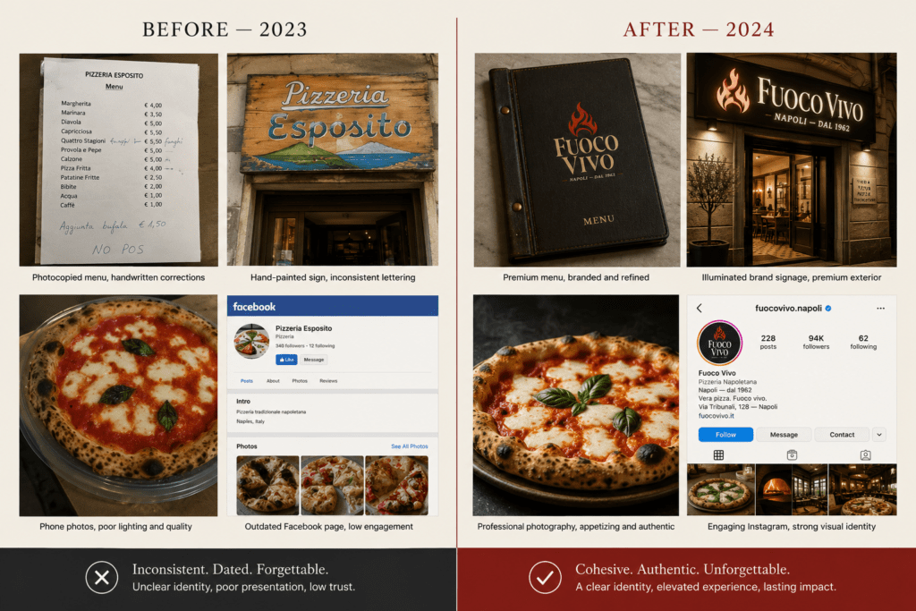 Split screen brand transformation comparison showing Fuoco Vivo before with photocopied menu handwritten signage blurry photos and 340 followers versus after with premium brand leather menu illuminated signage professional photography and 94000 followers
