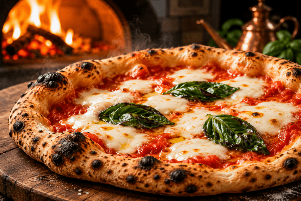 Photorealistic Fuoco Vivo classic Neapolitan Margherita pizza with leopard charred cornicione San Marzano DOP tomato melted Fior di Latte and fresh basil on wooden board with warm fire glow