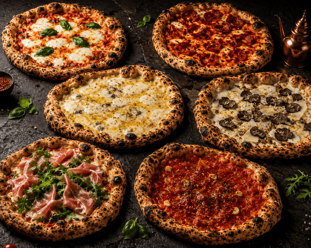 Six Fuoco Vivo Neapolitan pizza varieties on dark stone including Margherita Diavola Quattro Formaggi Tartufo Prosciutto e Rucola and classic Marinara all with charred cornicione and dramatic lighting