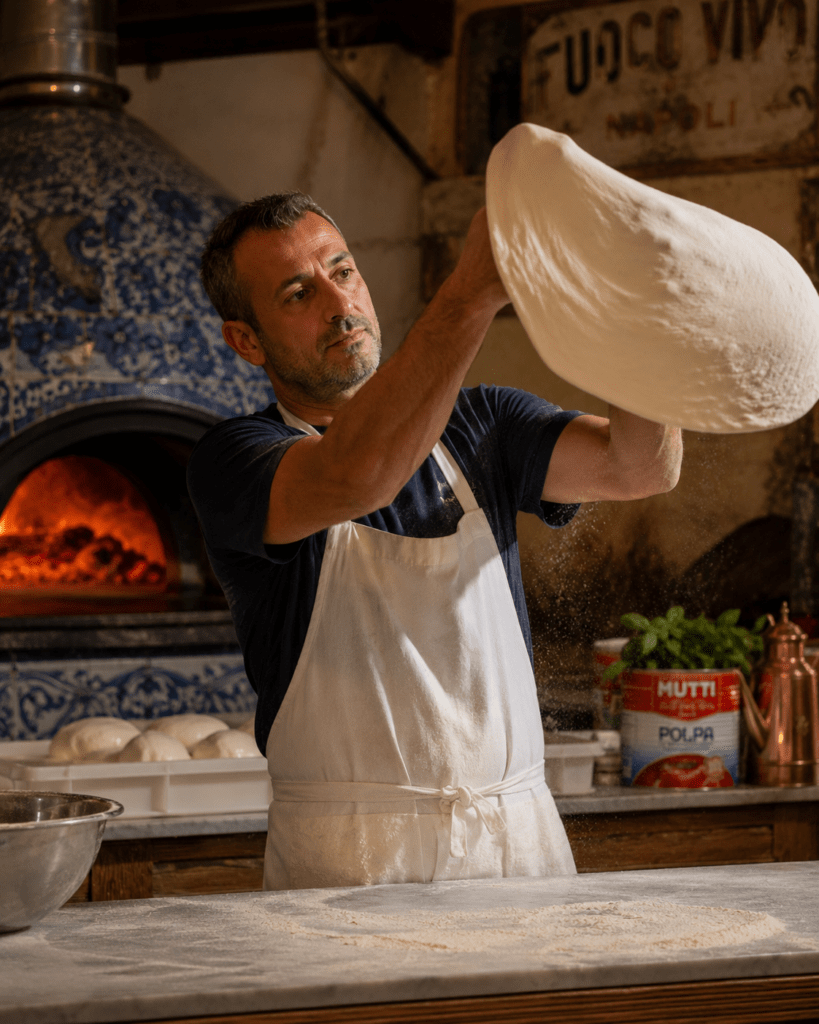 Photorealistic Fuoco Vivo master pizzaiolo in flour-dusted white linen apron hand-stretching Neapolitan pizza dough above marble counter in Naples kitchen with San Marzano tomatoes and Fior di Latte visible