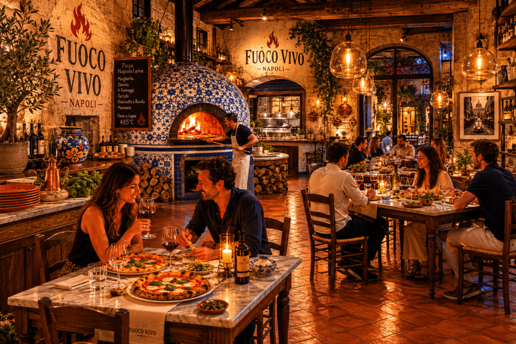 Photorealistic Fuoco Vivo Naples pizzeria interior with exposed volcanic tufa stone walls terracotta floors marble tables wood-fired oven centrepiece amber pendant lighting and diners eating pizza