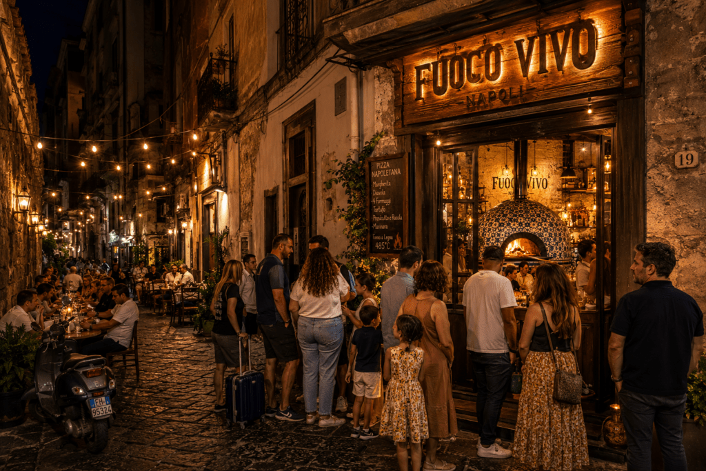 Photorealistic Fuoco Vivo Naples pizzeria exterior at night with illuminated wooden sign twelve people queuing on cobblestone street warm interior glow through windows outdoor tables with diners and string lights
